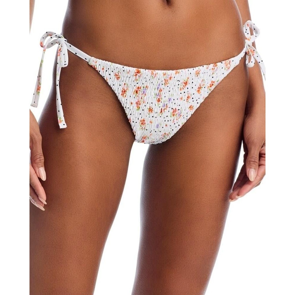 Aqua Swim Bikini Bottom Womens Medium White Floral Polka Dot Smocked Side Tie